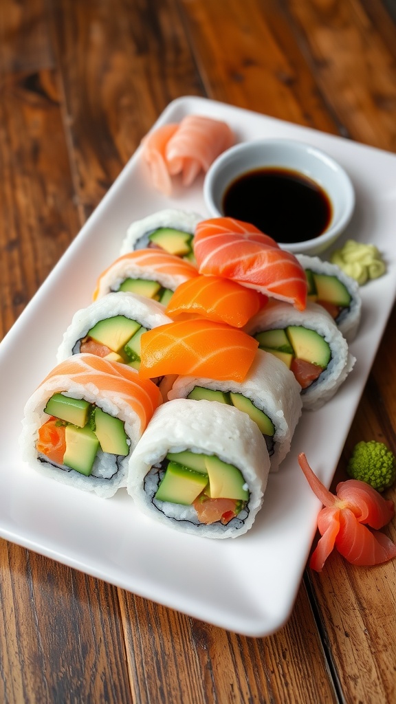 Authentic Japanese Sushi Recipe A plate of colorful sushi rolls with fresh fish, avocado, and cucumber, served with soy sauce and garnishes.